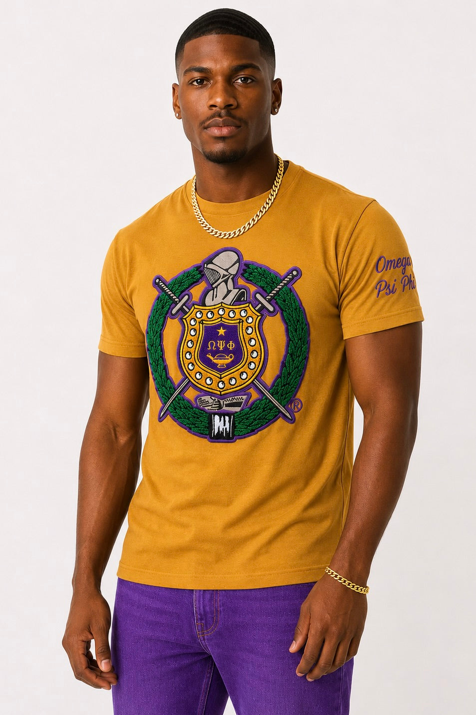 Gold Omega Shield Chenille Tee – My Greek Boutique