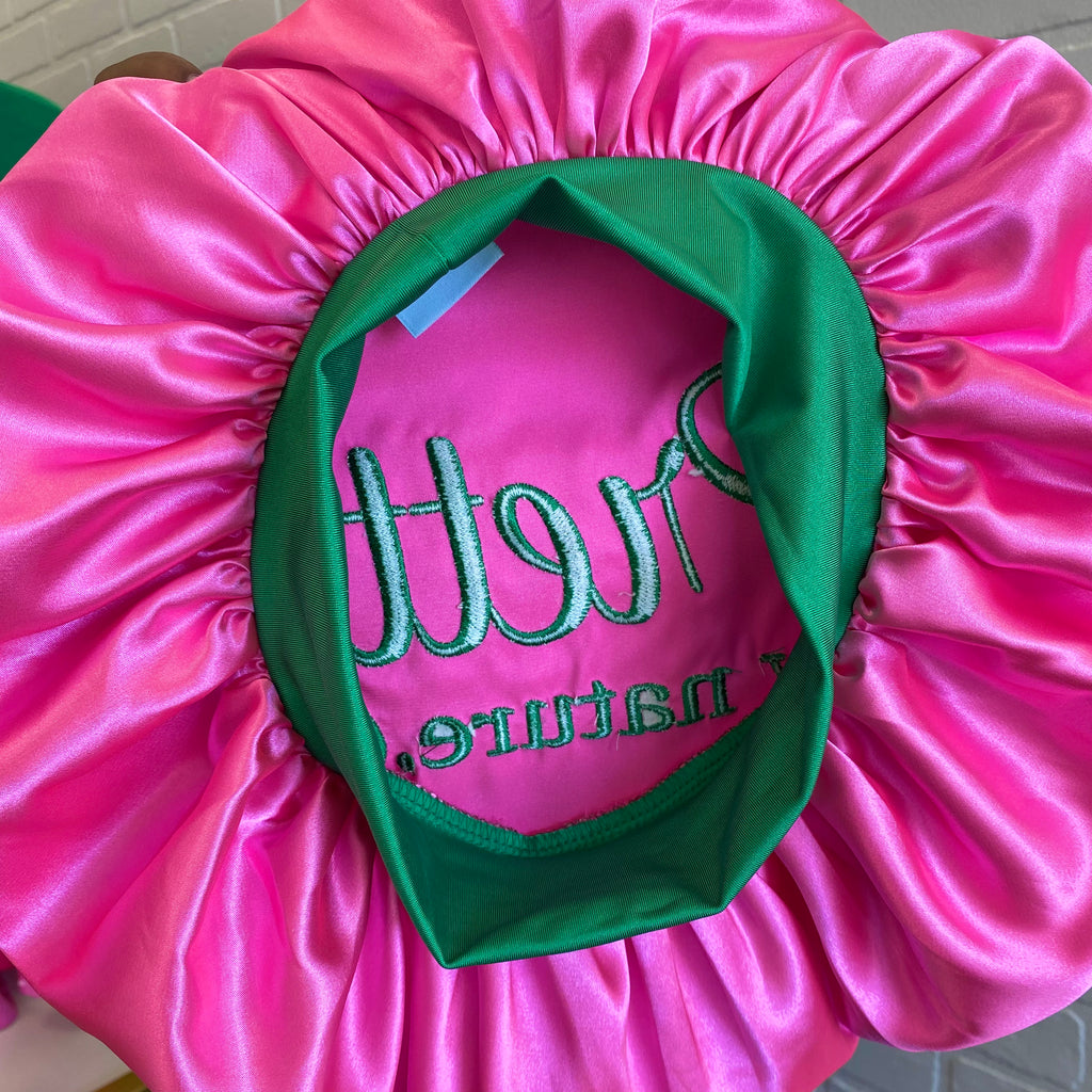 Pretty By Nature Embroidered AKA Satin Hair Bonnet - My Greek Boutique