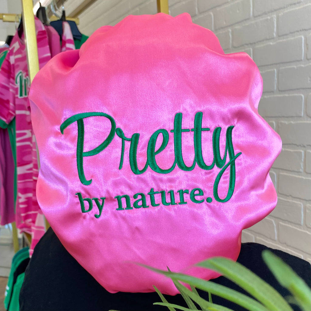 Pretty By Nature Embroidered AKA Satin Hair Bonnet - My Greek Boutique